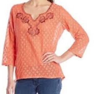 Prana Orange Winnie Embroidered Boho Laced Tunic Top Size Large